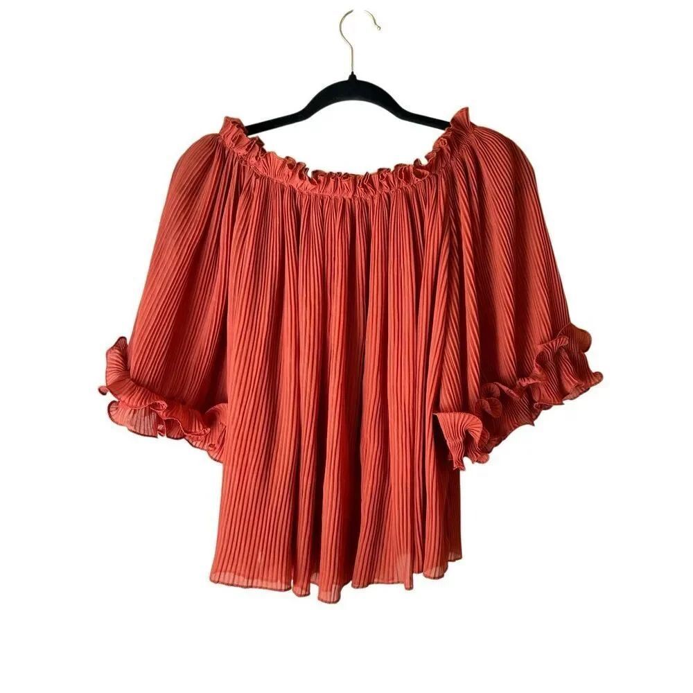 Vivid pleated short wide ruffled leeve blouse so L rust color neck long office c